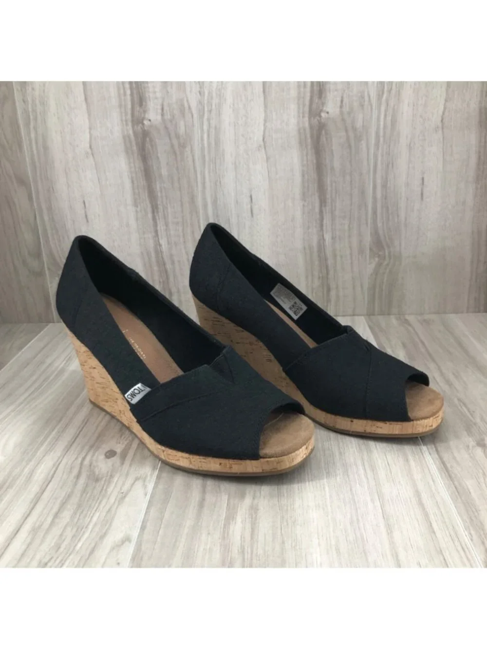 Toms Wedges Womens 8 Black Slip On Peep Toe Cork Wedge Shoes